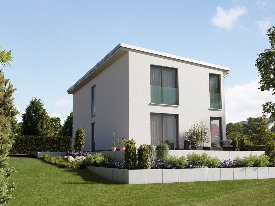 Das moderne Stadthaus Aura 136 mit Blick in den Garten und auf das Massivhaus mit Pultdach und bodentiefen Fenstern